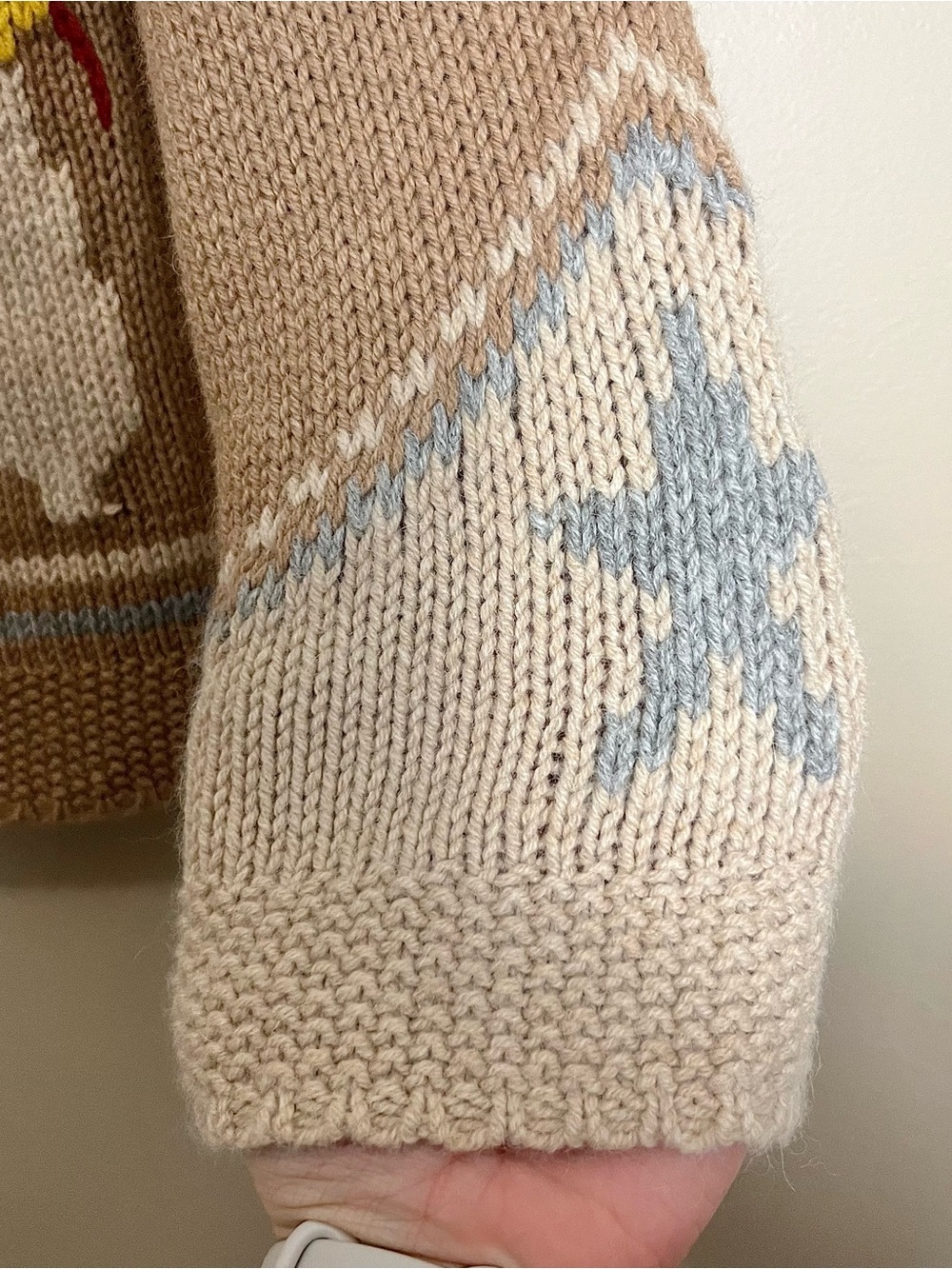 THE GREAT. Beige Knit Cardigan with Cream and Yellow Intarsia - Picture 9 of 13